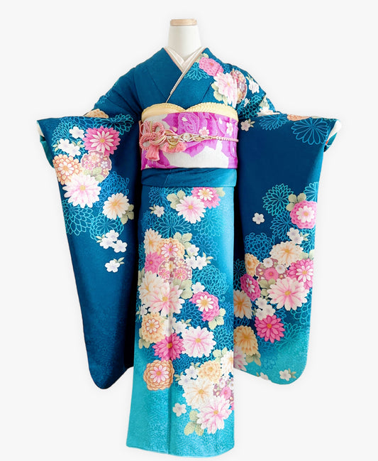 縹色 青系 暈し染め 金彩 手描き 菊 桜 雪輪 振袖 着物レンタル 成人式振袖