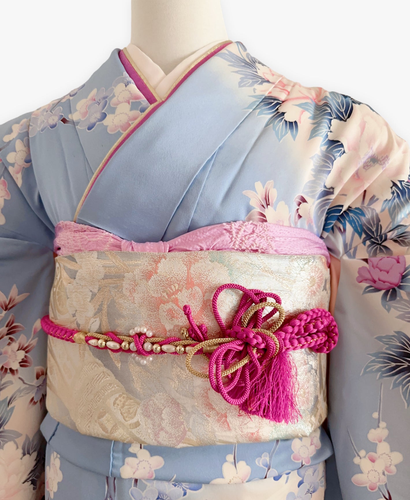 勿忘草色 青系 暈し染め 手描き 牡丹 花草 孔雀 振袖 着物レンタル