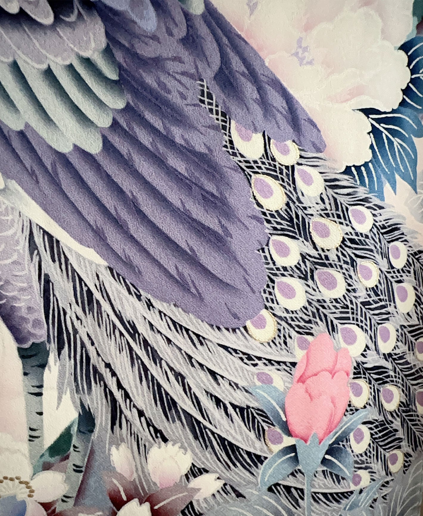 勿忘草色 青系 暈し染め 手描き 牡丹 花草 孔雀 振袖 着物レンタル
