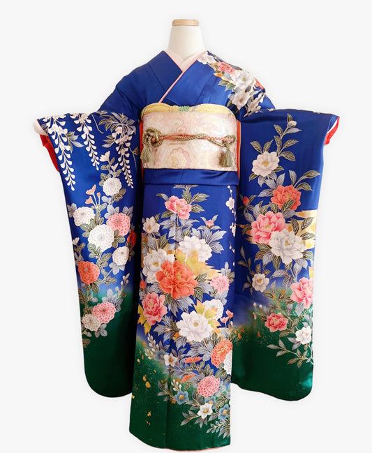 瑠璃色 青系 暈し染め 金彩 牡丹 藤 花草 振袖 着物レンタル