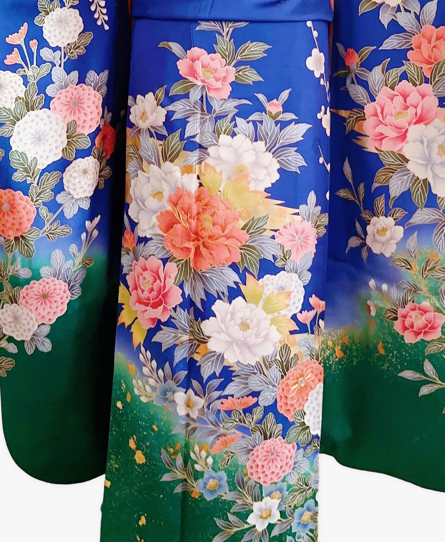 瑠璃色 青系 暈し染め 金彩 牡丹 藤 花草 振袖 着物レンタル