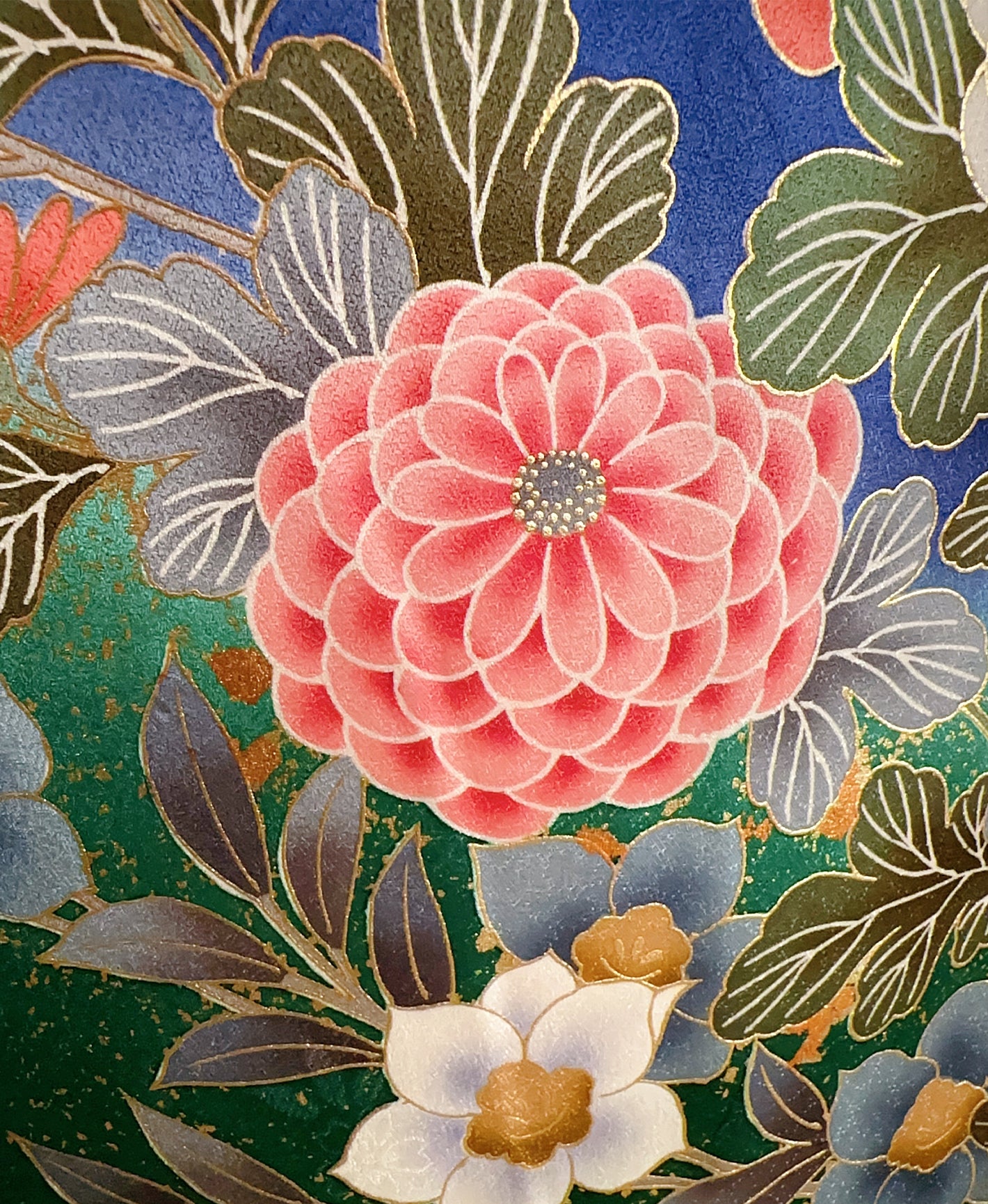 瑠璃色 青系 暈し染め 金彩 牡丹 藤 花草 振袖 着物レンタル