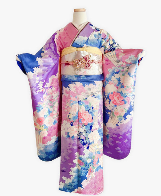若紫 紫系 暈し染め 金彩 百花風景 振袖 着物レンタル
