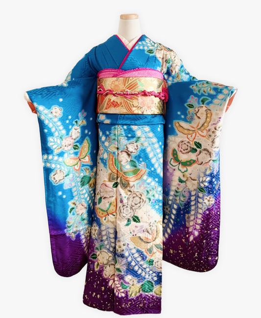 紺碧 青系 暈し染め 金彩 手描き 絞り 辻が花 蝶 振袖 着物レンタル 成人式振袖