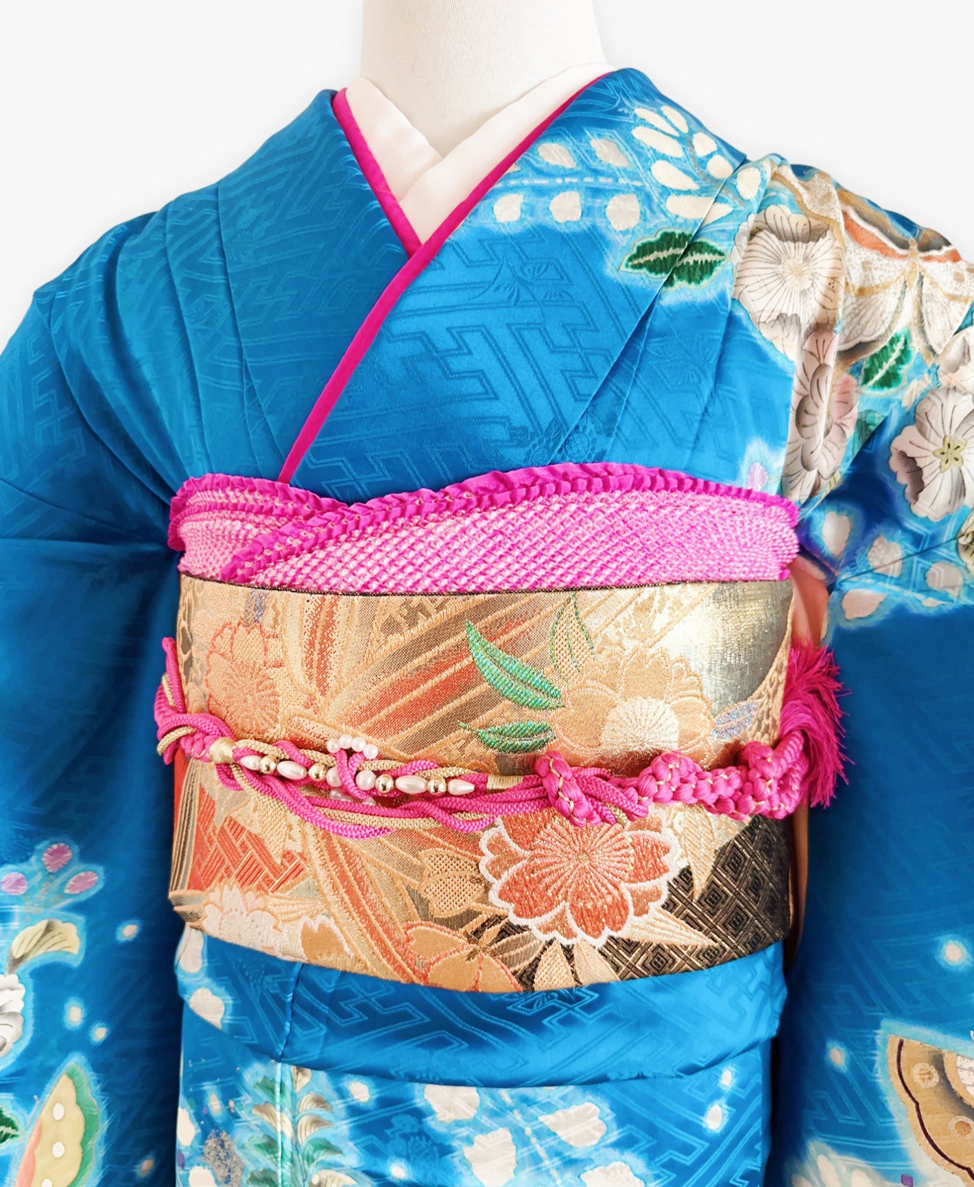 紺碧 青系 暈し染め 金彩 手描き 絞り 辻が花 蝶 振袖 着物レンタル