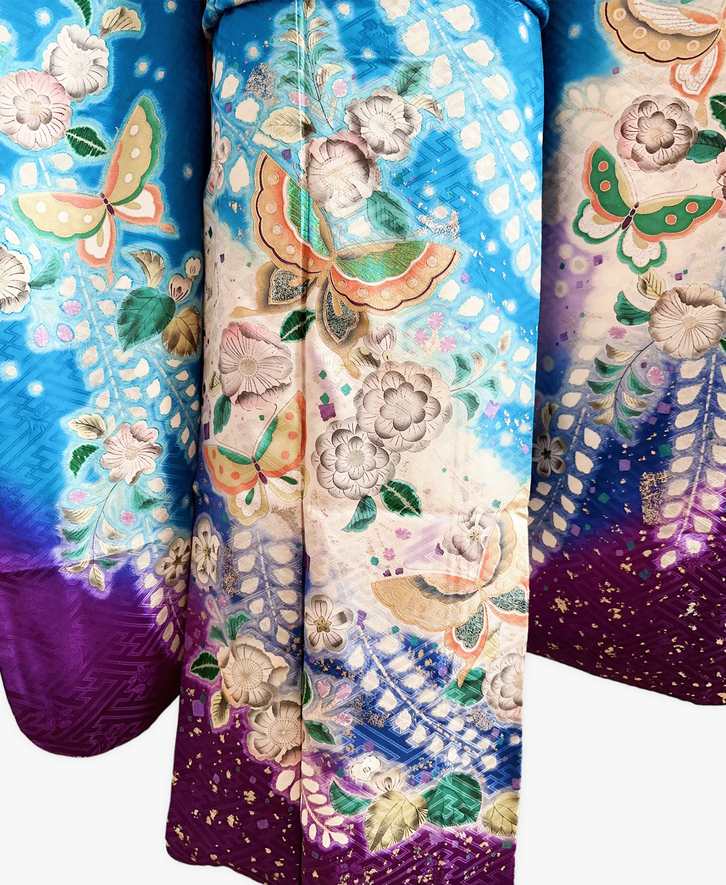 紺碧 青系 暈し染め 金彩 手描き 絞り 辻が花 蝶 振袖 着物レンタル 成人式振袖