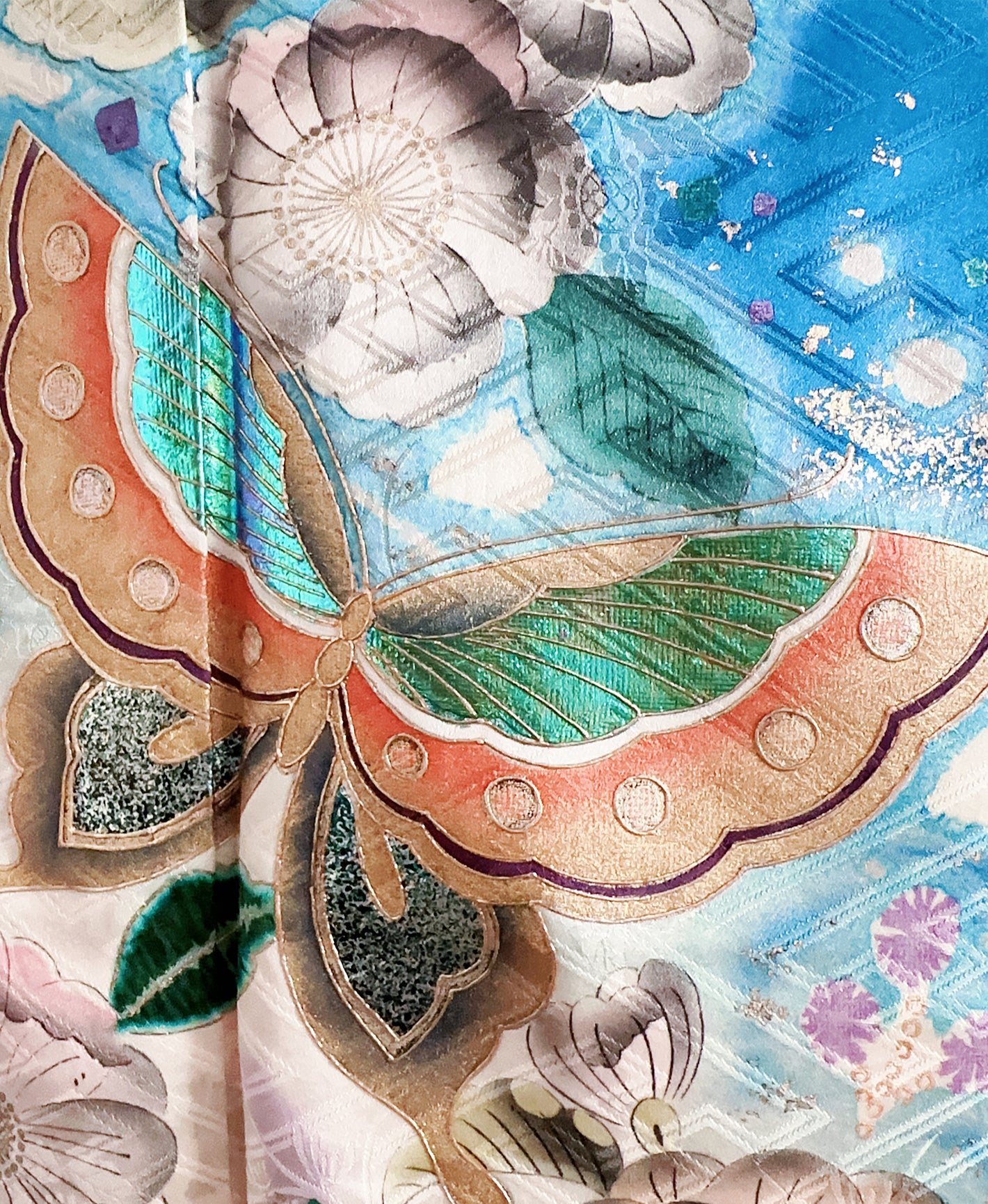 紺碧 青系 暈し染め 金彩 手描き 絞り 辻が花 蝶 振袖 着物レンタル