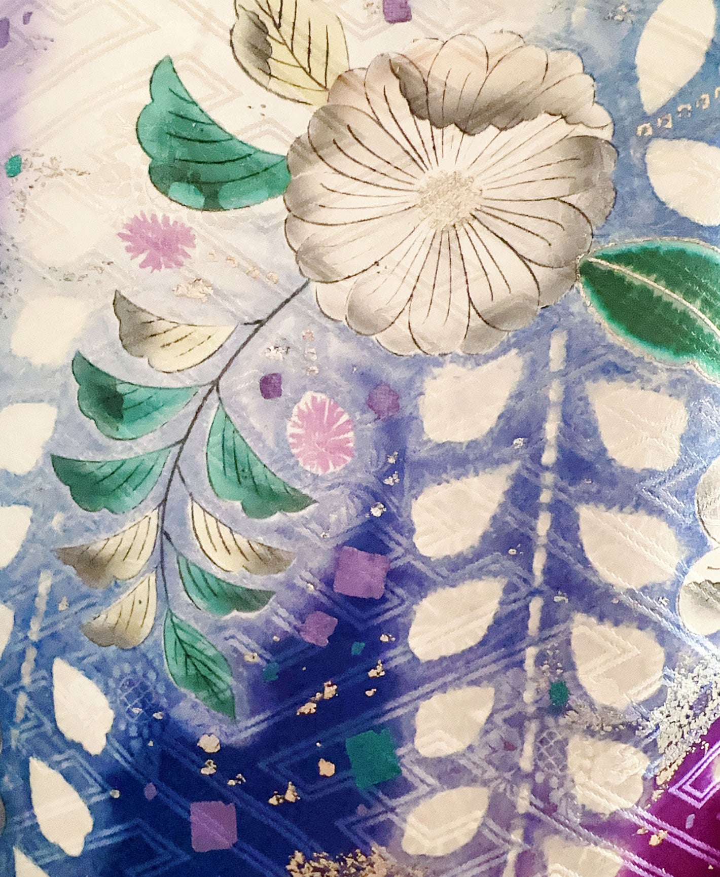 紺碧 青系 暈し染め 金彩 手描き 絞り 辻が花 蝶 振袖 着物レンタル