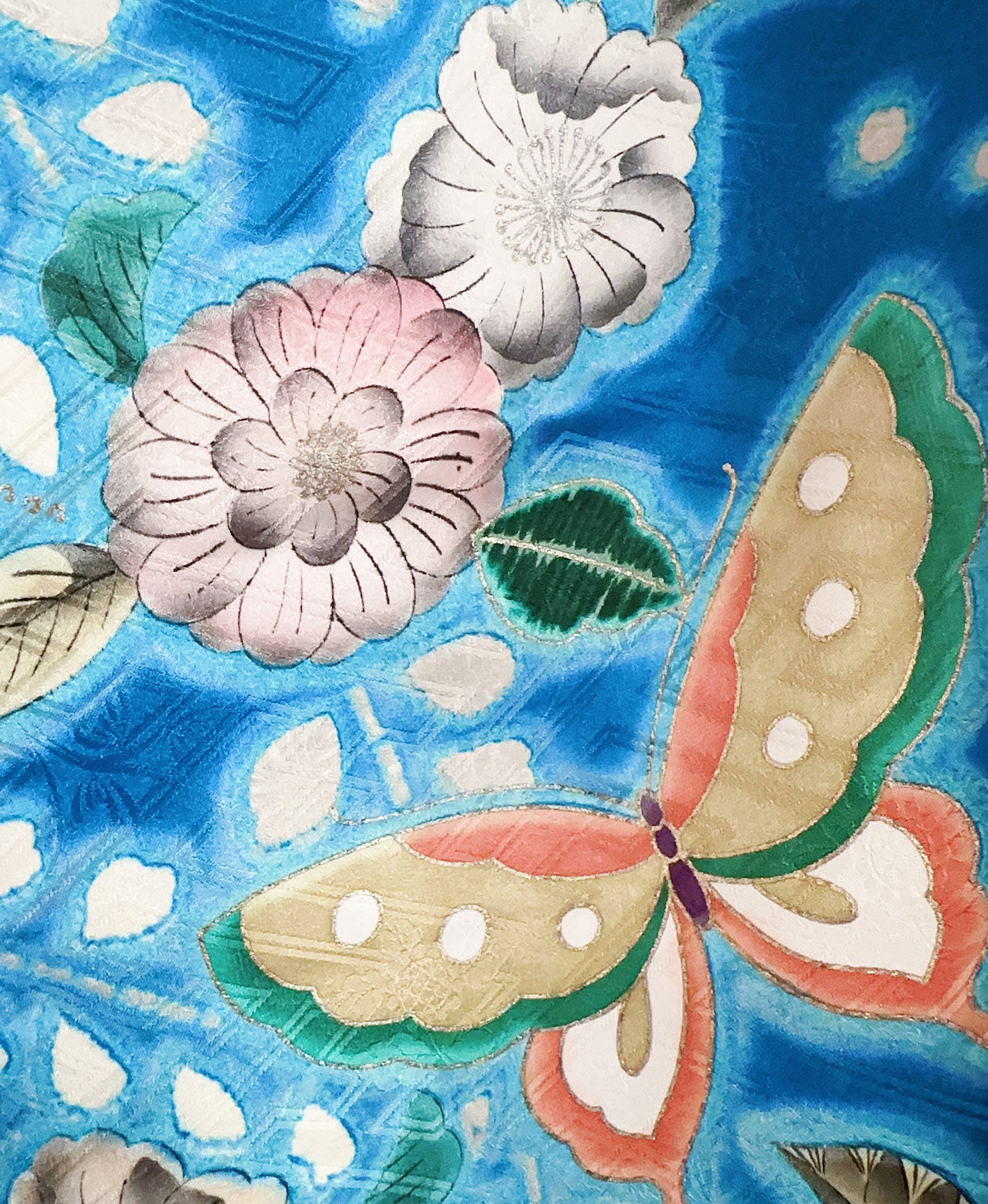 紺碧 青系 暈し染め 金彩 手描き 絞り 辻が花 蝶 振袖 着物レンタル