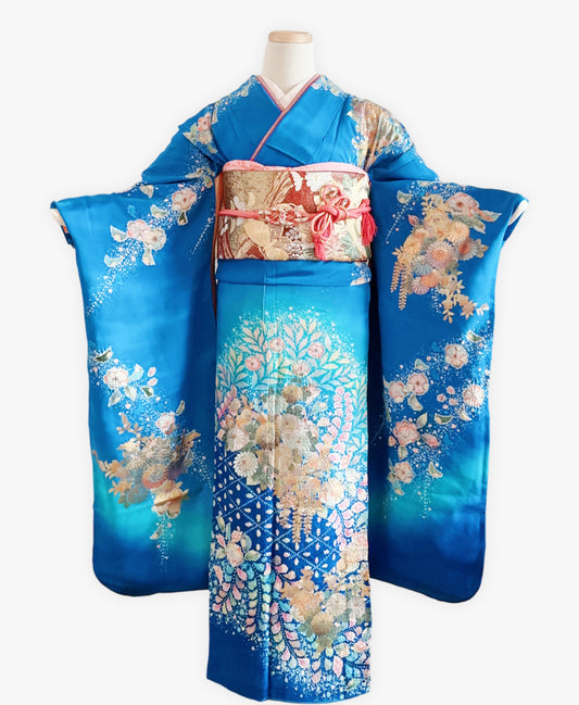 薄藍 青系 暈し染め 金彩 翠山工坊 手描き 絞り 辻が花 振袖 着物レンタル 成人式振袖