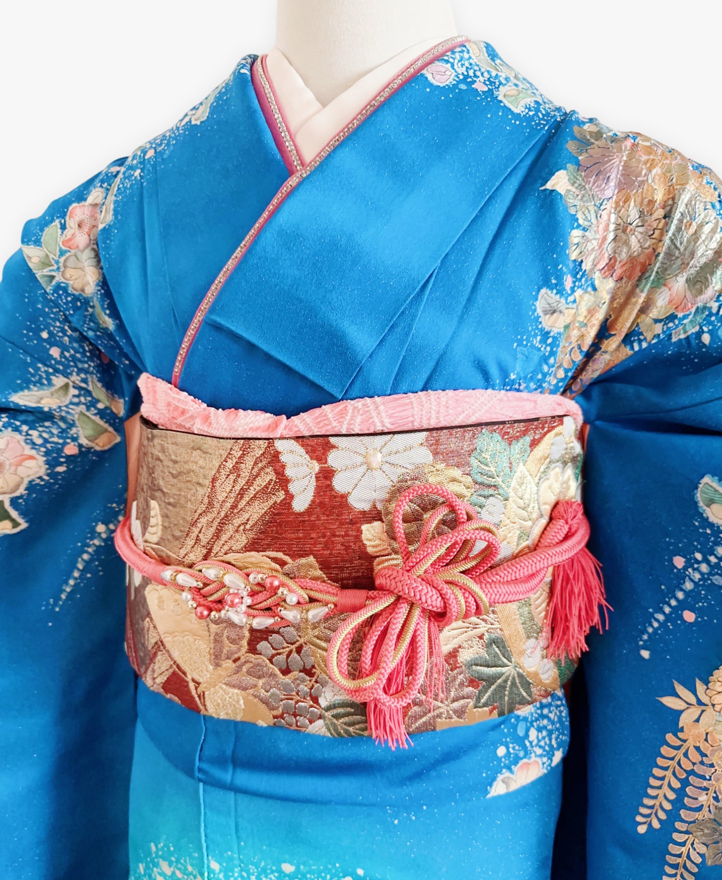 薄藍 青系 暈し染め 金彩 翠山工坊 手描き 絞り 辻が花 振袖 着物レンタル