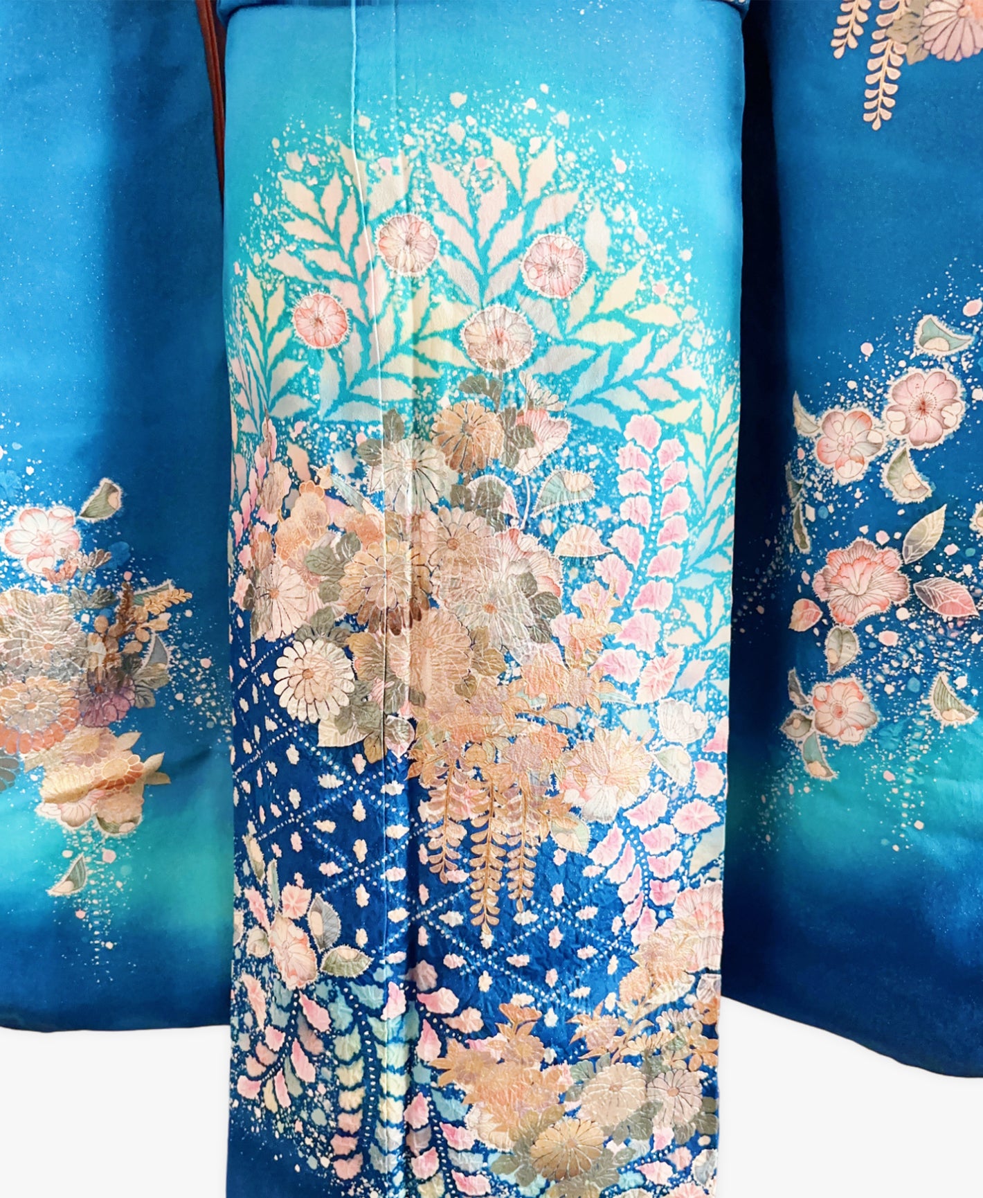 薄藍 青系 暈し染め 金彩 翠山工坊 手描き 絞り 辻が花 振袖 着物レンタル