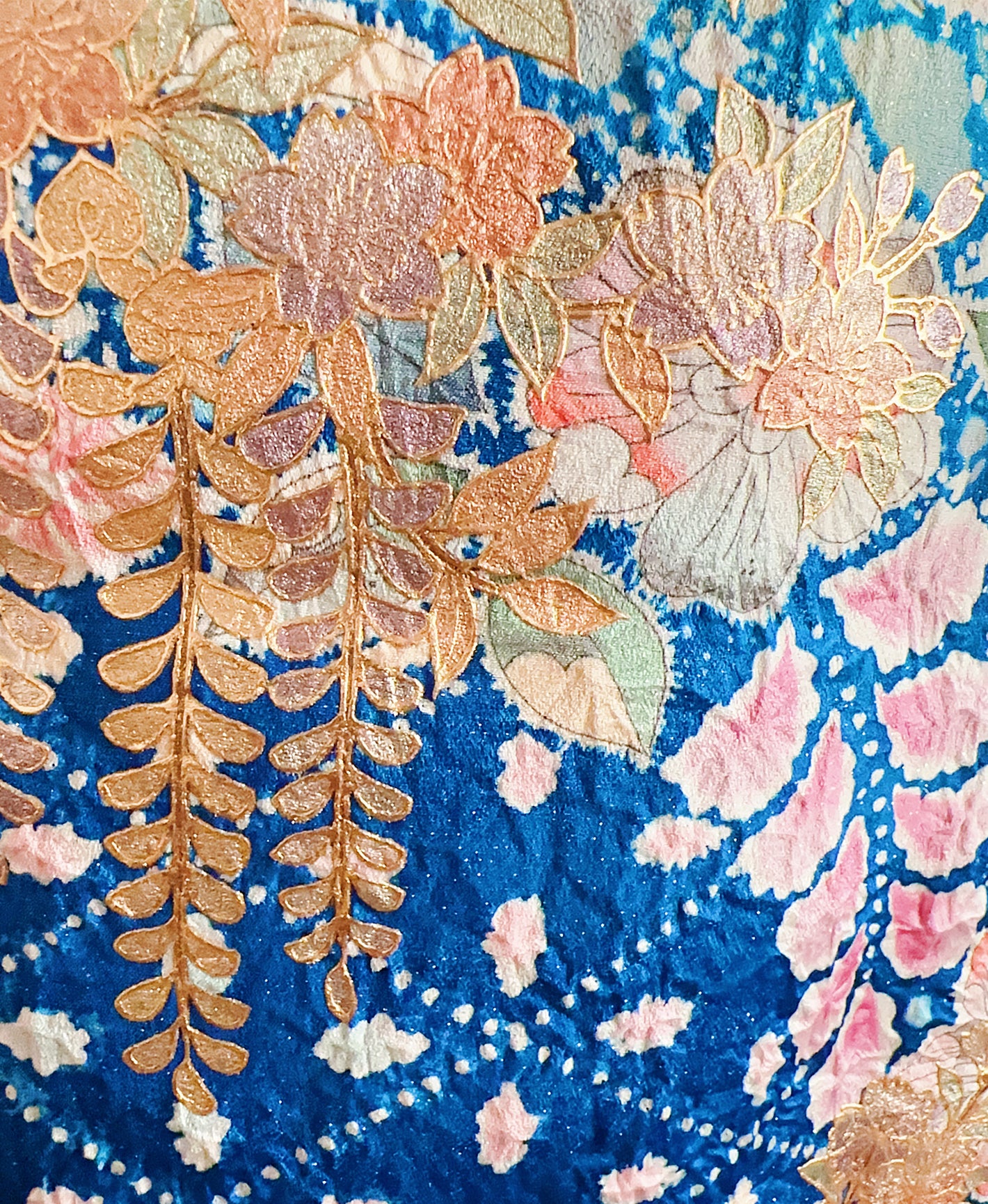 薄藍 青系 暈し染め 金彩 翠山工坊 手描き 絞り 辻が花 振袖 着物レンタル
