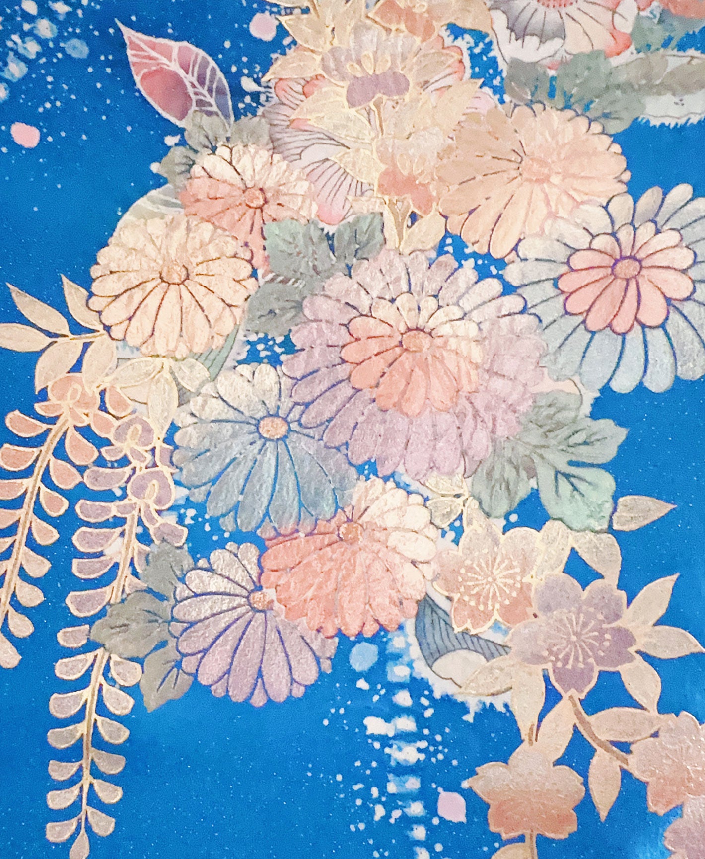 薄藍 青系 暈し染め 金彩 翠山工坊 手描き 絞り 辻が花 振袖 着物レンタル