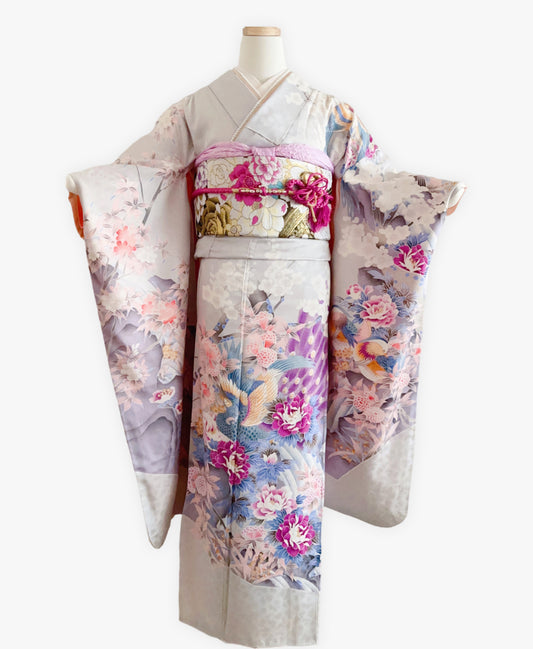 白梅鼠 灰系 暈し染め 鴛鴦 梅 花草 風景 振袖 着物レンタル