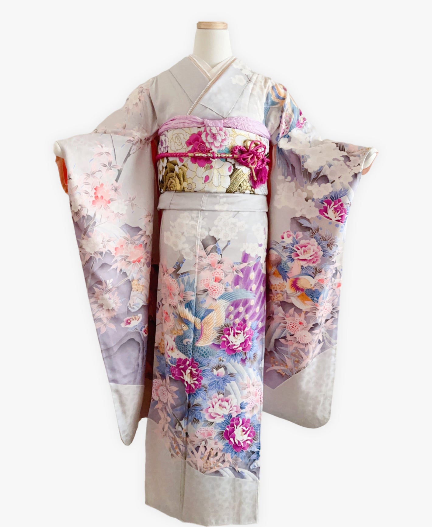 白梅鼠 灰系 暈し染め 鴛鴦 梅 花草 風景 振袖 着物レンタル 成人式振袖