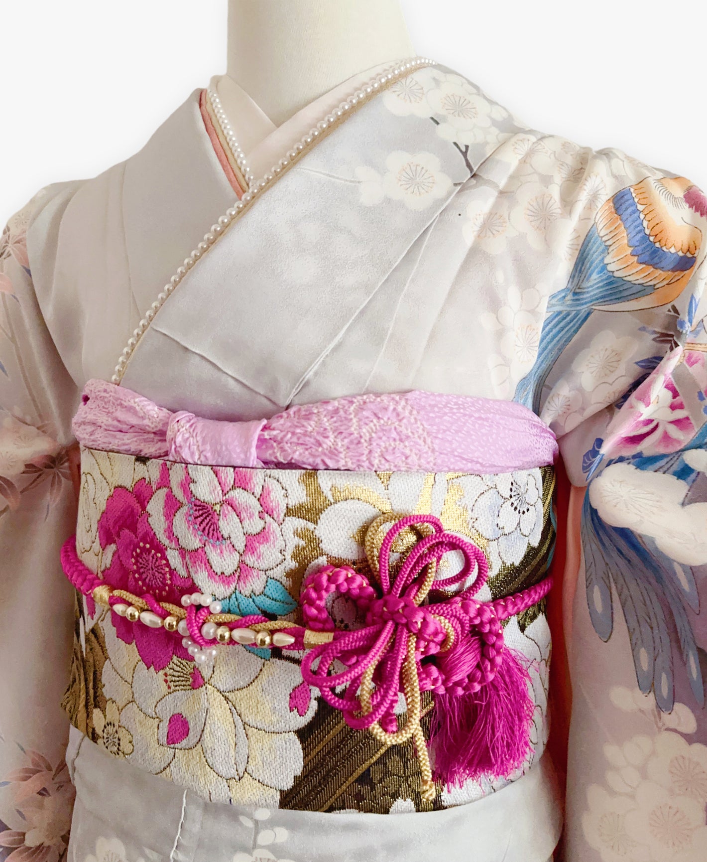 白梅鼠 灰系 暈し染め 鴛鴦 梅 花草 風景 振袖 着物レンタル 成人式振袖