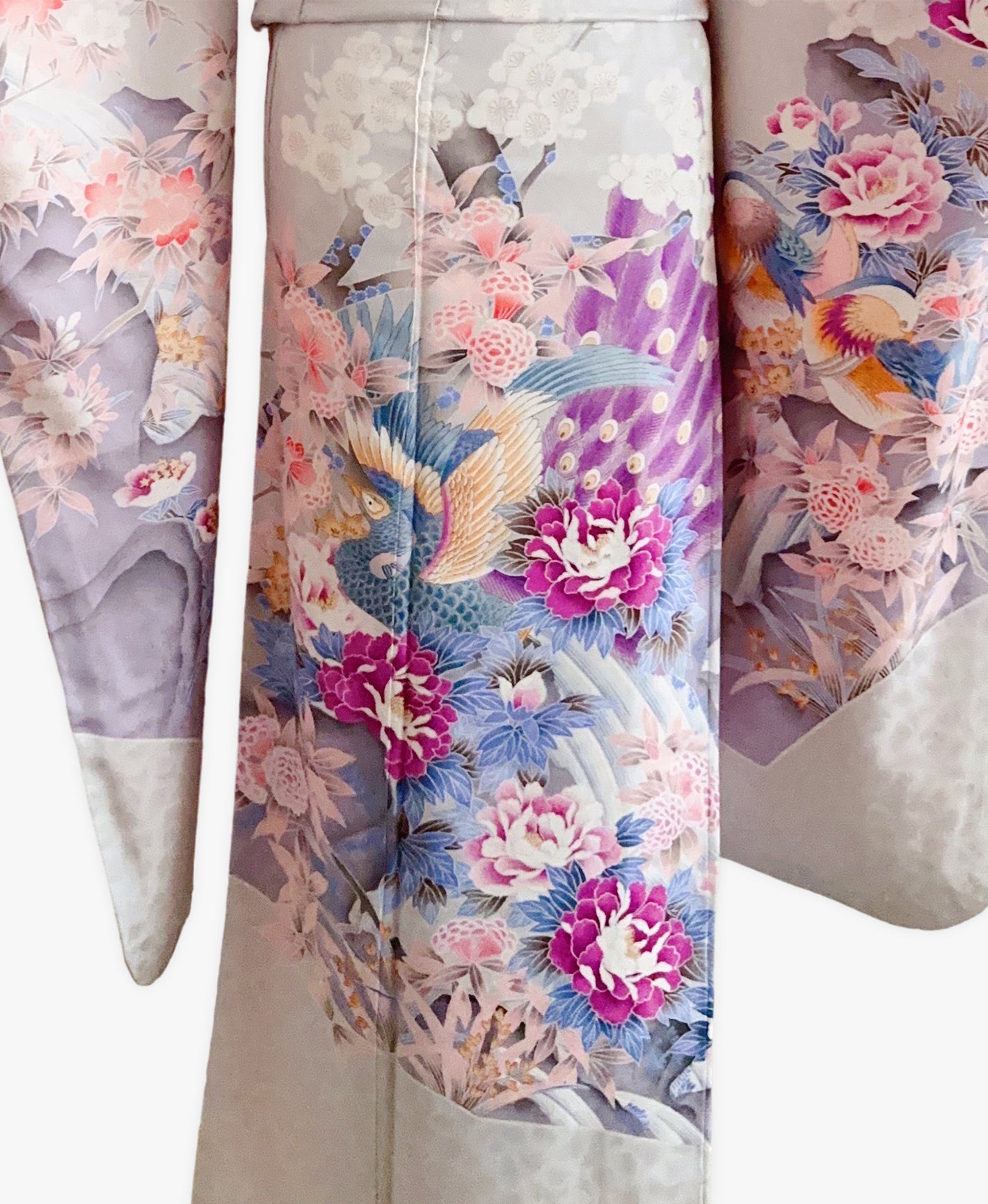 白梅鼠 灰系 暈し染め 鴛鴦 梅 花草 風景 振袖 着物レンタル 成人式振袖