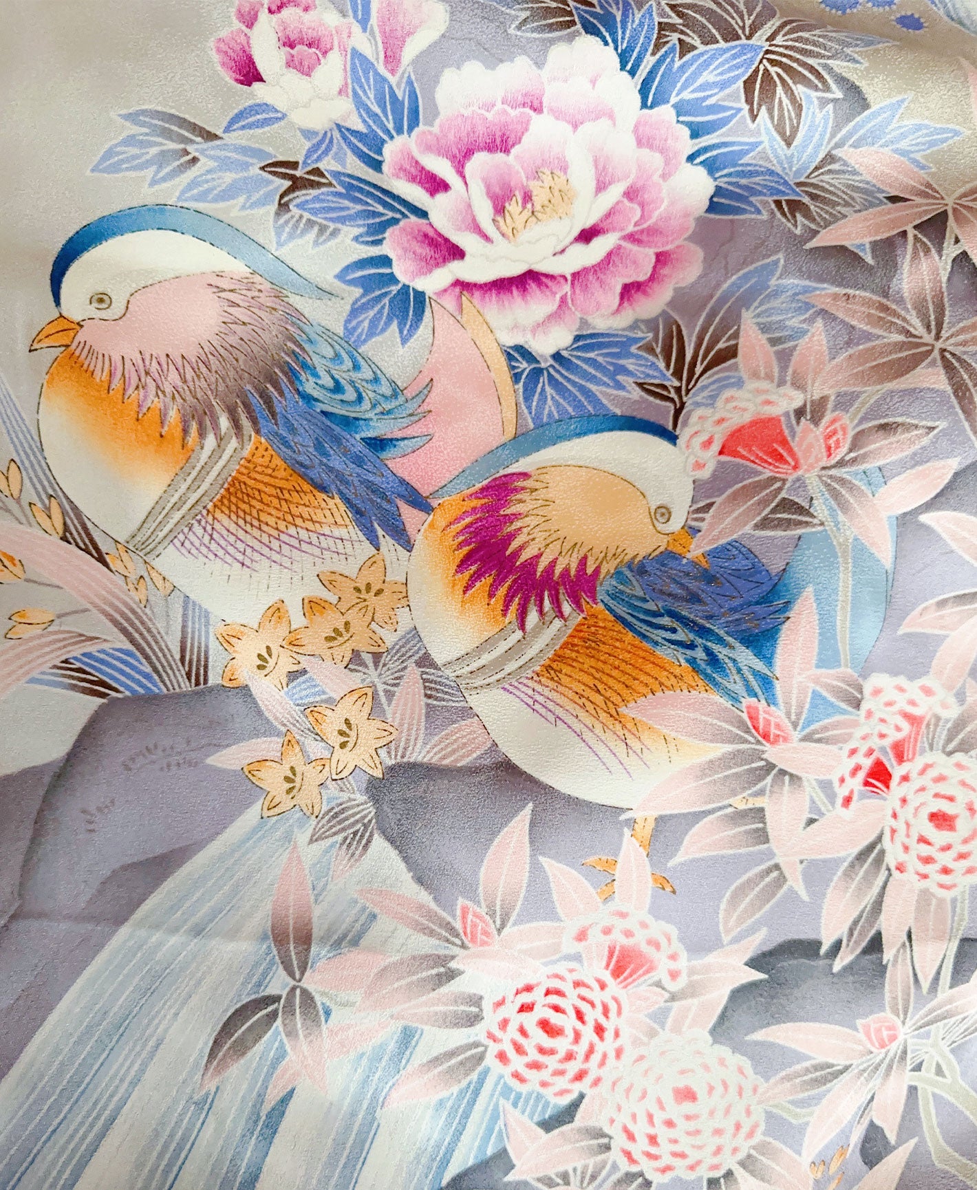 白梅鼠 灰系 暈し染め 鴛鴦 梅 花草 風景 振袖 着物レンタル 成人式振袖