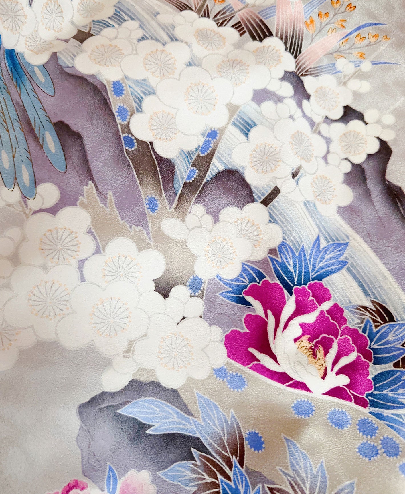 白梅鼠 灰系 暈し染め 鴛鴦 梅 花草 風景 振袖 着物レンタル 成人式振袖