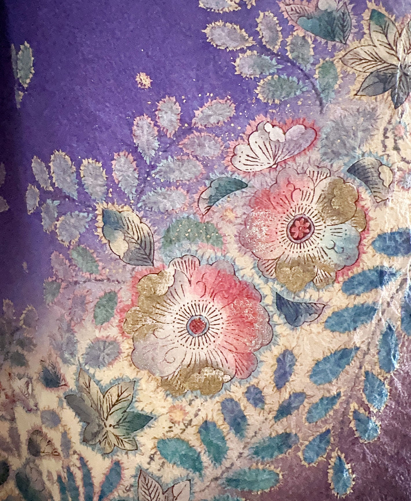 菖蒲色 紫系 暈し染め 金彩 手描き 絞り 辻が花 振袖 着物レンタル