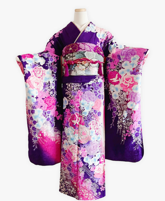葡萄色 紫系 暈し染め 銀彩 百花繚亂 振袖 着物レンタル