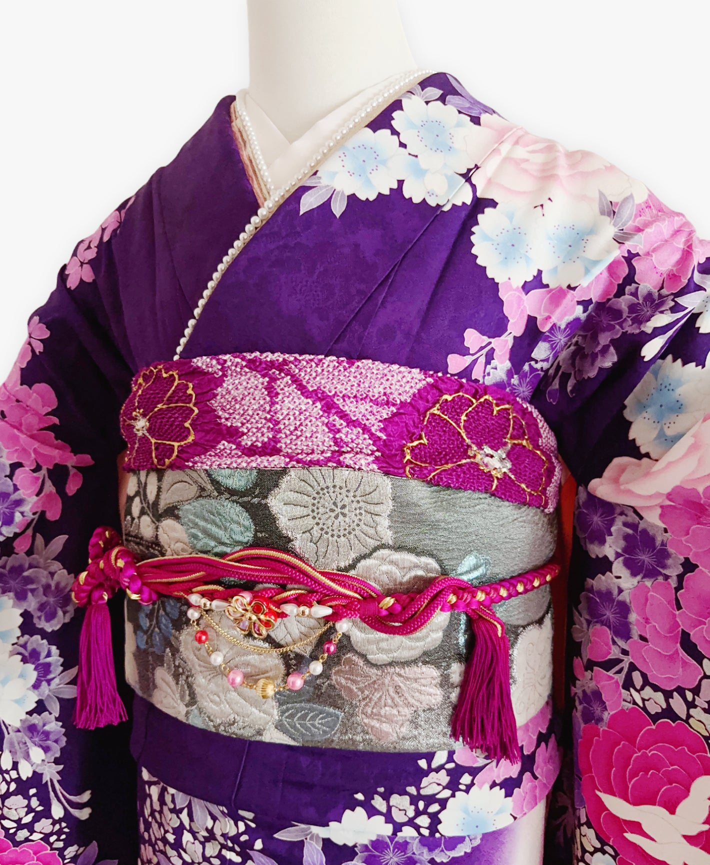 葡萄色 紫系 暈し染め 銀彩 百花繚亂 振袖 着物レンタル