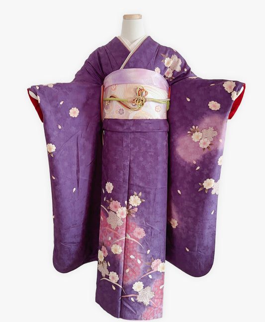 菖蒲色 紫系 暈し染め 金彩 桜 芝草 振袖 着物レンタル