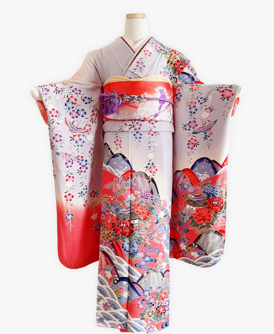 紫水晶 灰系 紅型 手描き 垂枝れ桜 花鳥 風景 振袖 着物レンタル