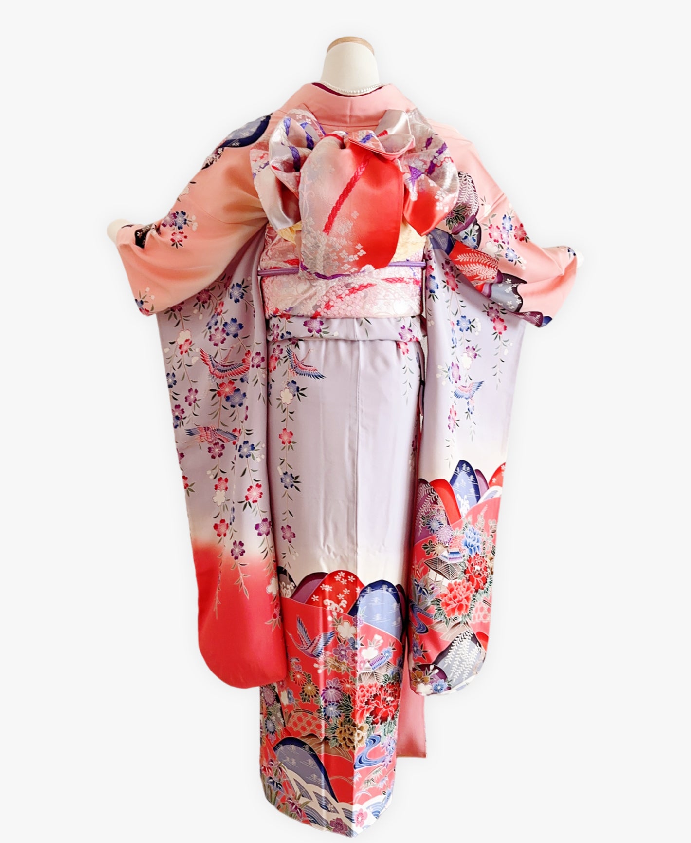 紫水晶 灰系 紅型 手描き 垂枝れ桜 花鳥 風景 振袖 着物レンタル