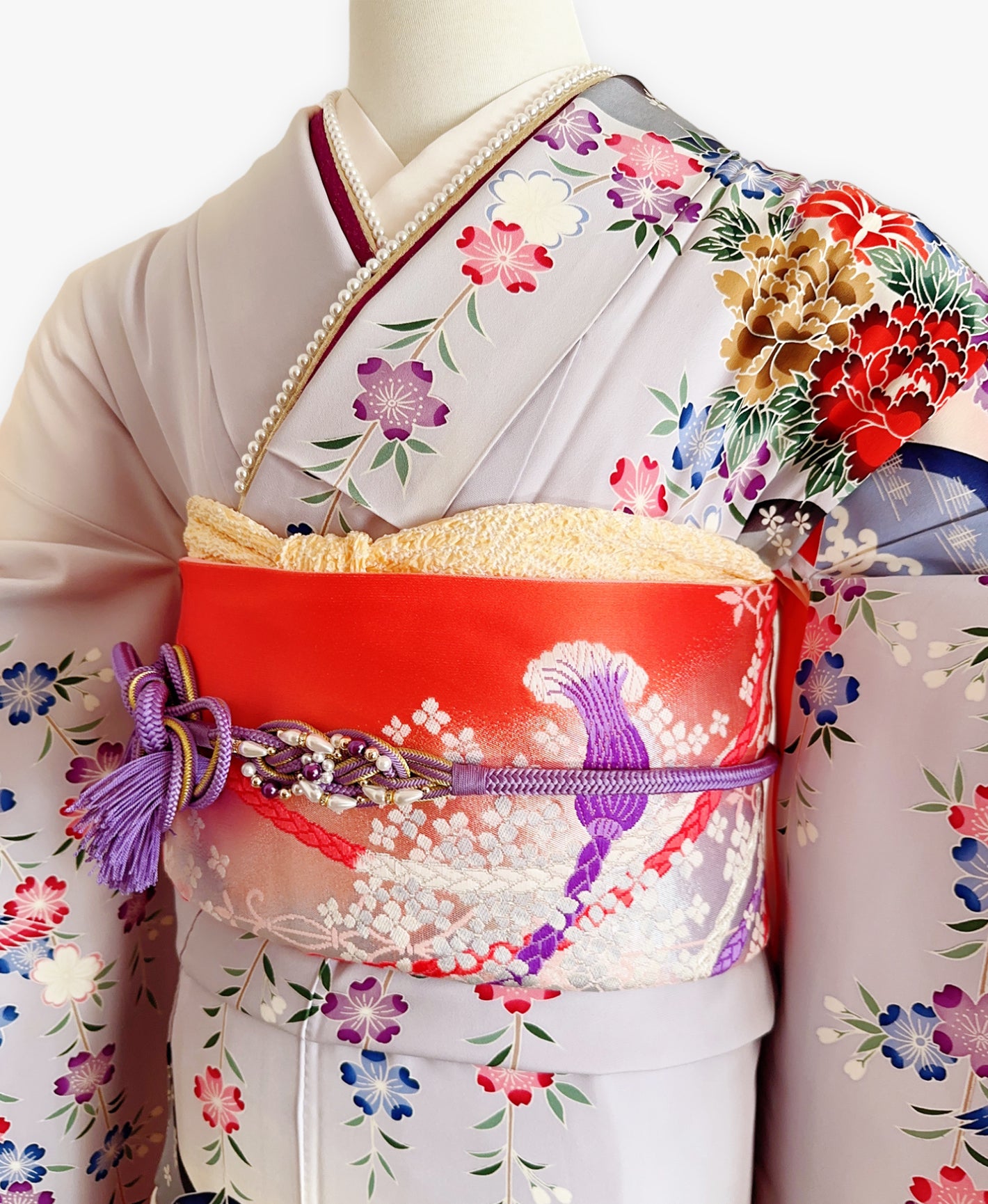 紫水晶 灰系 紅型 手描き 垂枝れ桜 花鳥 風景 振袖 着物レンタル 成人式振袖