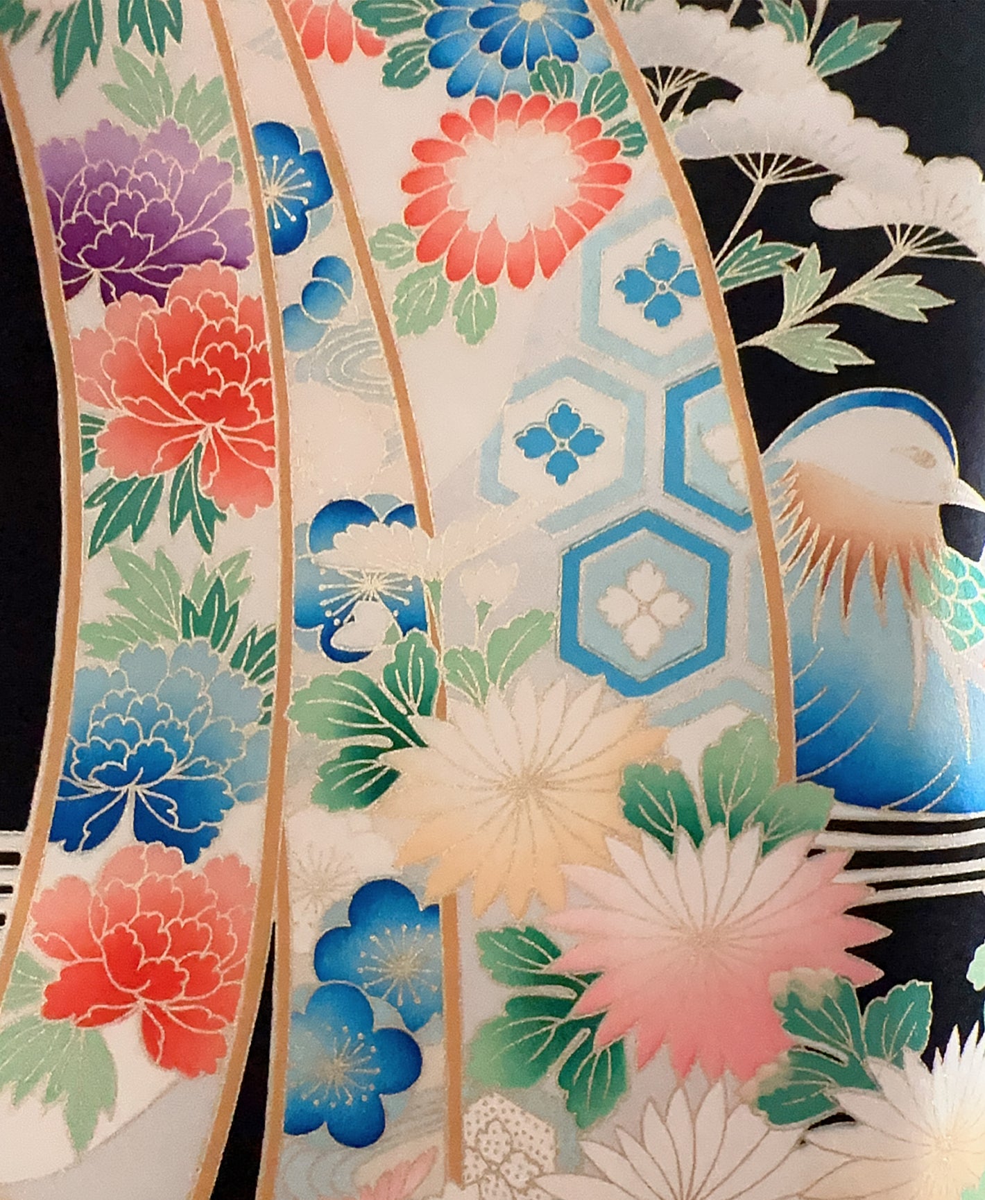 烏羽色 黒系 暈し染め 駒刺繍 金彩 熨斗 吉祥文 振袖 着物レンタル 成人式振袖