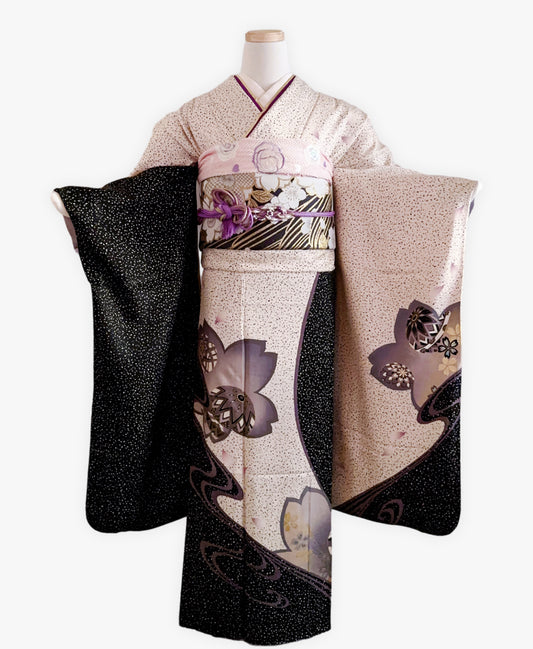 蝋色 黒白系 金彩 螺鈿風 手鞠 桜 流水 振袖 着物レンタル